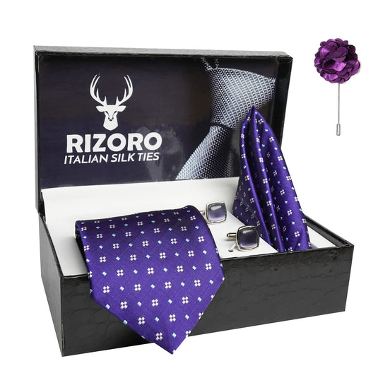 RIZORO Mens Plaid Dotted Silk Necktie Gift Set With Pocket Square Cufflinks & Brooch Pin Formal Tie With Leatherite Box (4D1RX Free Size) | (Leather Gift Box) (Pack of 4)