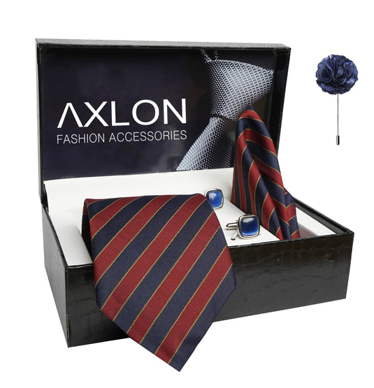 AXLON Mens Plaid Stripped Silk Necktie Gift Set With Pocket Square Cufflinks & Brooch Pin Tie For Men Formal With Leatherite Box (S3RX Free Size) | (Leather Gift Box) (Pack of 4)