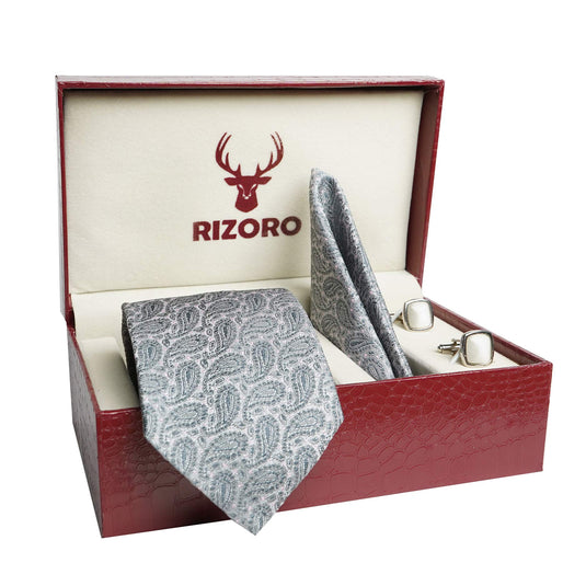 RIZORO Mens Plaid Pasiley Silk Necktie Tie Gift Set With Pocket Square, Cufflinks & Brooch Pin Formal Tie With Leatherite Box (AMBM1RB, Free Size)