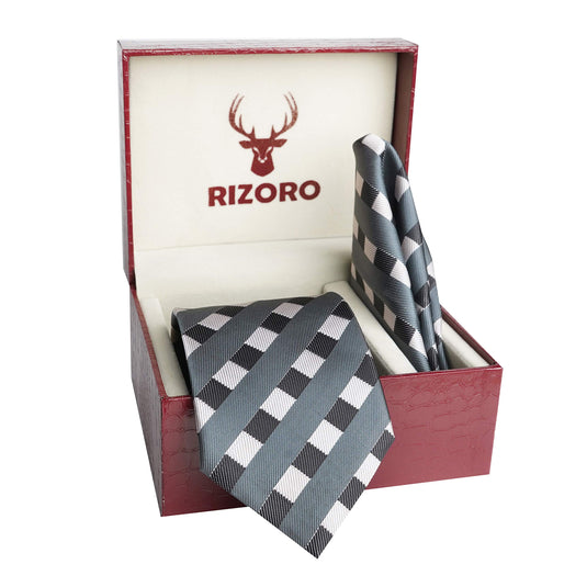 RIZORO Men Stripped Micro Fibre Necktie Gift Set With Pocket Square & Brooch Pin Formal Tie (Yellow STRIPM1YWRS Free Size)