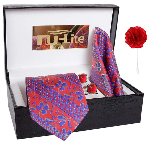 AXLON Men's Flower Designed Micro Polyester Necktie Set with Pocket Square, Brooch Pin and Cufflinks (Free Size)