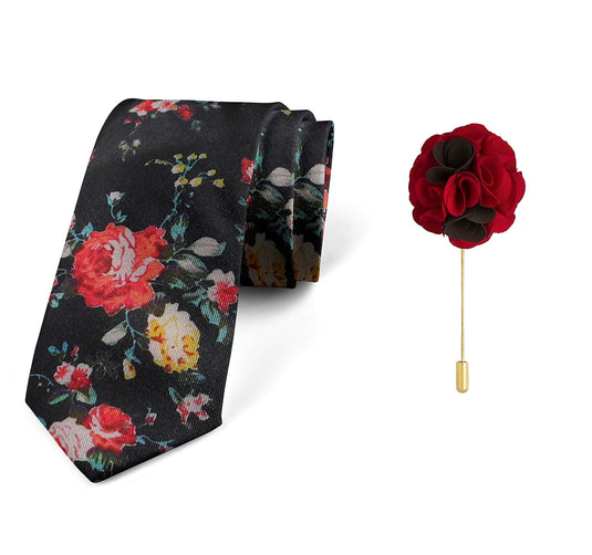 AXLON Men's Micro Polyester Floral Necktie Set with Pocket Square and Brooch Pin (Black ,Free Size)