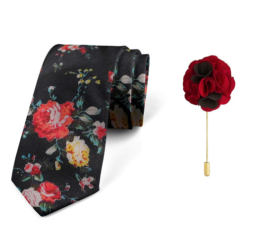 Axlon Men's Micro Polyester Floral Necktie Set with Pocket Square and Brooch Pin (Black ,Free Size)