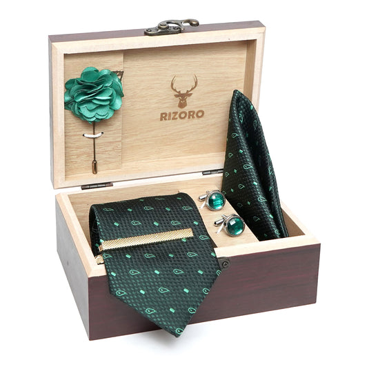 AXLON Mens Plaid Micro Self Silk Paisley Bottle Green Necktie Gift Set With Pocket Square Cufflinks Brooch Pin Men Tie Clip Formal Tie With Wooden Box For Gifting (RW_34, Free Size)