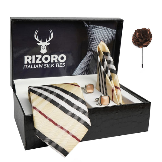 RIZORO Mens Plaid Checkered Silk Necktie Gift Set With Pocket Square Cufflinks & Brooch Pin Formal Tie With Leatherite Box (Beige BURXGRX Free Size)