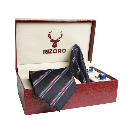 RIZORO Mens Plaid Stripped Silk Necktie Tie Gift Set With Pocket Square, Cufflinks & Brooch Pin Formal Tie With Leatherite Box (Deep Blue, S5DBRB, Free Size)