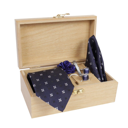 AXLON Men's Micro Polyester Casual Formal Printed Necktie Set with Pocket Square, Brooch Pin and Cufflinks in Wooden Box (Free Size)