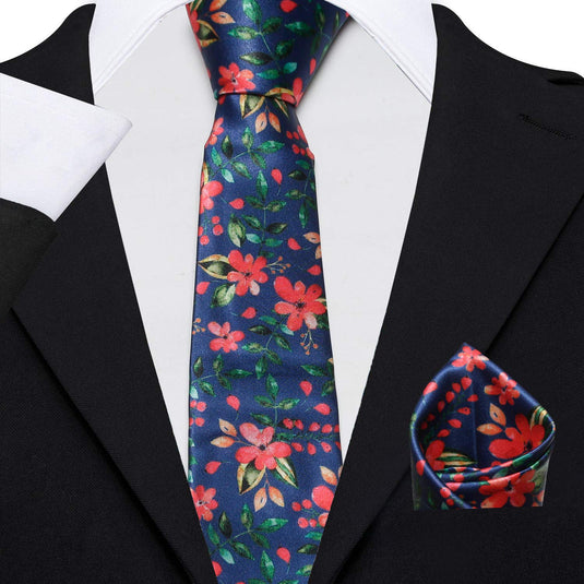 AXLONMen's Micro Polyester Floral Necktie Set with Pocket Square and Brooch Pin (Blue ,Free Size)