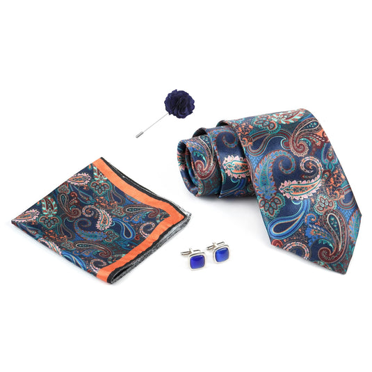 RIZORO Navy Blue Mens Paisley Micro Print Silk Necktie Gift Set With Pocket Square Cufflinks & Brooch Pin Formal Tie With Wooden Box Free Size | (Pack of 4) (RPL_34)