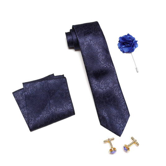 Axlon Men's Micro Polyester Printed Necktie Set with Pocket Square, Brooch Pin and Cufflinks (Navy Blue, Free Size)