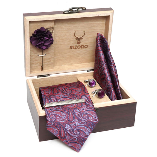 RIZORO Mens Plaid Micro Self Silk Paisley Purple Necktie Gift Set With Pocket Square Cufflinks Brooch Pin Men Tie Clip Formal Tie With Wooden Box For Gifting (RW_36, Free Size)