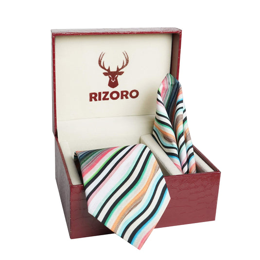 RIZORO Men Checkered Micro Fibre Necktie Gift Set With Pocket Square Cufflinks & Brooch Pin Formal Tie (Beige BURBGRB Free Size)