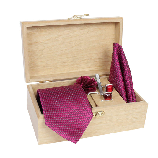 AXLON Men's Micro Polyester Casual Formal Dotted Necktie Set with Pocket Square, Brooch Pin and Cufflinks in Wooden Box (Free Size)