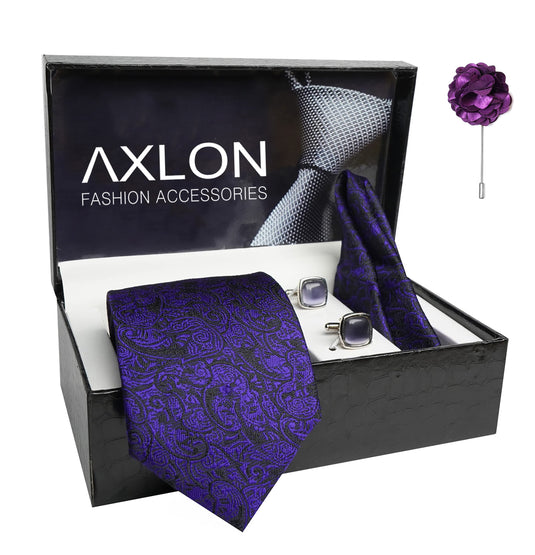 AXLON Mens Plaid Pasiley Silk Necktie Gift Set With Pocket Square Cufflinks & Brooch Pin Tie For Men Formal With Leatherite Box (PARRX Free Size) | (Leather Gift Box) (Pack of 4)