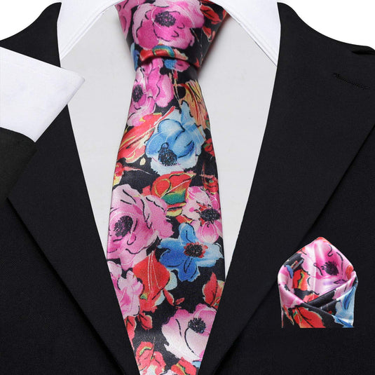 AXLON Men's Micro Polyester Floral Necktie Set with Pocket Square and Brooch Pin (Pink ,Free Size)