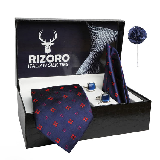 RIZORO Mens Plaid Dotted Silk Necktie Gift Set With Pocket Square Cufflinks & Brooch Pin Formal Tie With Leatherite Box (4D3RX Free Size) | (Leather Gift Box) (Pack of 4)