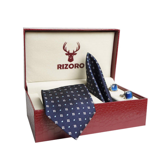 RIZORO Mens Plaid Dotted Silk Necktie Tie Gift Set With Pocket Square, Cufflinks & Brooch Pin Formal Tie With Leatherite Box (4D1RB, Free Size)