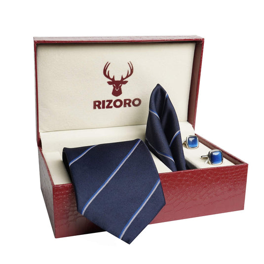 RIZORO Mens Plaid Stripped Silk Necktie Tie Gift Set With Pocket Square, Cufflinks & Brooch Pin Formal Tie With Leatherite Box (S4RB, Free Size)