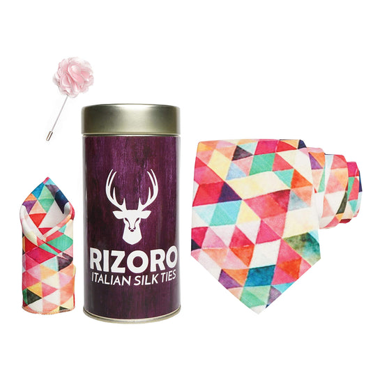 RIZORO Mens Plaid Boho Printed Silk Necktie Gift Set With Pocket Square & Brooch Pin Formal Tie Combo (Multi-Coloured 11, BOHOM11RT, Free Size)