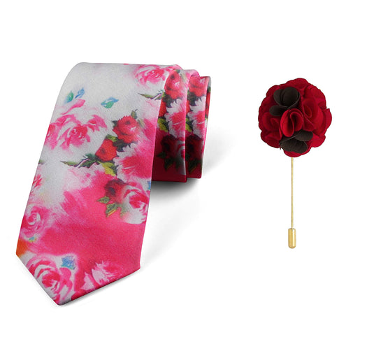 Axlon Men's Micro Polyester Floral Necktie Set with Pocket Square and Brooch Pin (Pink ,Free Size)