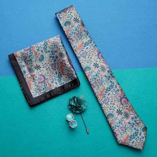 RIZORO Sky Blue Mens Paisley Micro Print Silk Necktie Gift Set With Pocket Square Cufflinks & Brooch Pin Formal Tie With Wooden Box Free Size | (Wooden Gift Box ) (Pack of 4) (RPL_49)