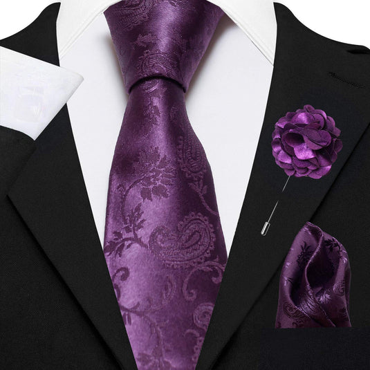 AXLON Men's Micro Polyester Paisley Necktie Set with Pocket Square and Brooch Pin (Purple, Free Size)