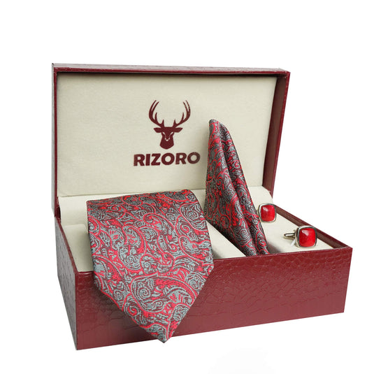 RIZORO Mens Plaid Pasiley Silk Necktie Tie Gift Set With Pocket Square, Cufflinks & Brooch Pin Formal Tie With Leatherite Box (PARRB, Free Size)