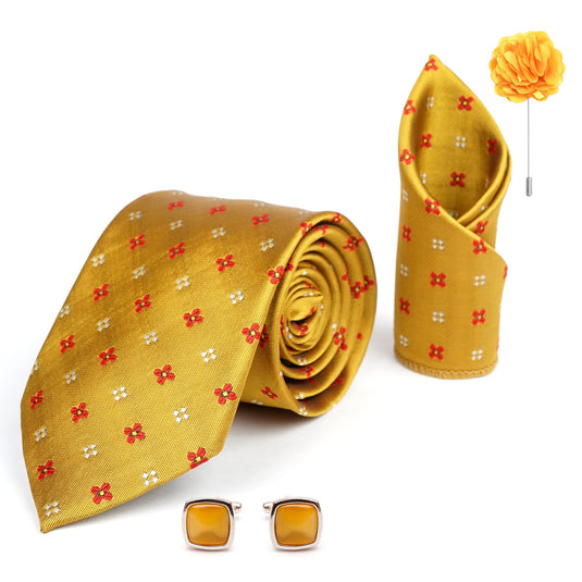 RIZORO Mens Plaid Dotted Silk Necktie Gift Set With Pocket Square Cufflinks & Brooch Pin Formal Tie With Leatherite Box (4D3RX Free Size) | (Leather Gift Box) (Pack of 4)