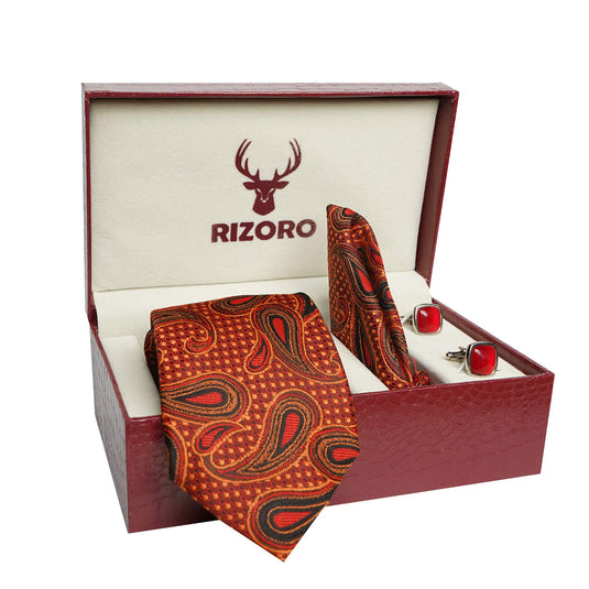 RIZORO Mens Plaid Pasiley Silk Necktie Tie Gift Set With Pocket Square, Cufflinks & Brooch Pin Formal Tie With Leatherite Box (AMBI3RB, Free Size)