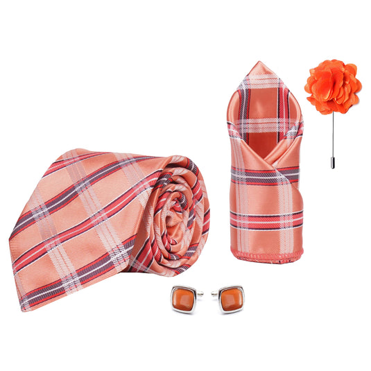 Axlon Men's Check Micro Wooven Silk Necktie Gift Set With Pocket Square Cufflinks & Brooch Pin Tie for Men Formal Tie Set with Box (Pack of 4) (AX11_14, Peach)