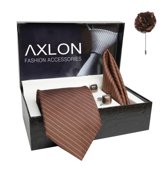 AXLON Mens Plaid Stripped Silk Necktie Gift Set With Pocket Square Cufflinks & Brooch Pin Tie For Men Formal With Leatherite Box (S1RX Free Size) | (Leather Gift Box) (Pack of 4)