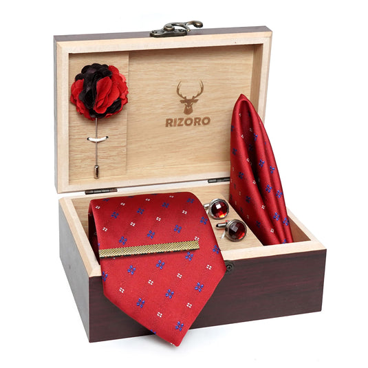 RIZORO Mens Plaid Micro Self Silk Red Necktie Gift Set With Pocket Square Cufflinks Brooch Pin Men Tie Clip Formal Tie With Wooden Box For Gifting (RW_11, Free Size)