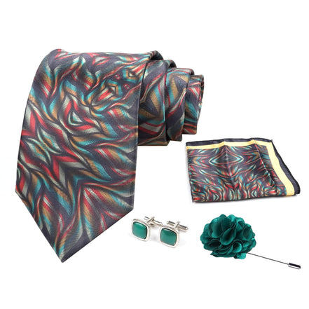 Axlon Mens Plaid Micro Self Silk Necktie Gift Set With Pocket Square Cufflinks & Brooch Pin Tie for Men Formal Tie Set with Box (Pack of 4) (Green, 2022AX_21)