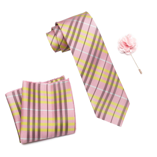 RIZORO Mens Plaid Checkered Silk Necktie Tie Gift Set With Pocket Square & Brooch Pin Formal Tie Set (Light Pink, BURLPRS, Free Size)