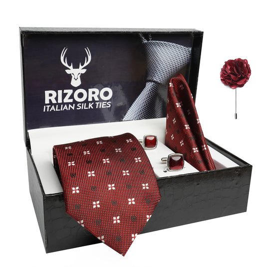 RIZORO Mens Plaid Dotted Silk Necktie Gift Set With Pocket Square Cufflinks & Brooch Pin Formal Tie With Leatherite Box (4D2RX Free Size) | (Leather Gift Box) (Pack of 4)