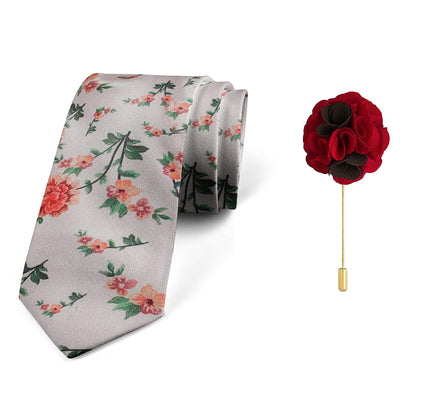 Axlon Men's Micro Polyester Floral Necktie Set with Pocket Square and Brooch Pin (Pink ,Free Size)