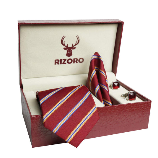 RIZORO Mens Plaid Stripped Silk Necktie Tie Gift Set With Pocket Square, Cufflinks & Brooch Pin Formal Tie With Leatherite Box (Maroon, S5MRRB, Free Size)