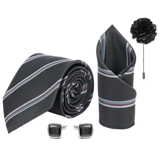 Axlon Mens Plaid Micro Self Silk Necktie Gift Set With Pocket Square Cufflinks & Brooch Pin Tie for Men Formal Tie Set with Box (Pack of 4) (Black, 2022AX_3)