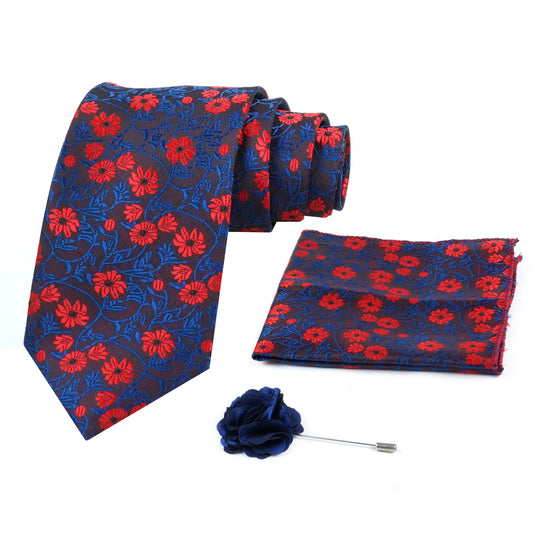 Axlon Mens Plaid Micro Self Silk Necktie Gift Set With Pocket Square & Brooch Pin Tie for Men Formal Tie Set with Box (Pack of 3) (Blue, 2022AX_29)