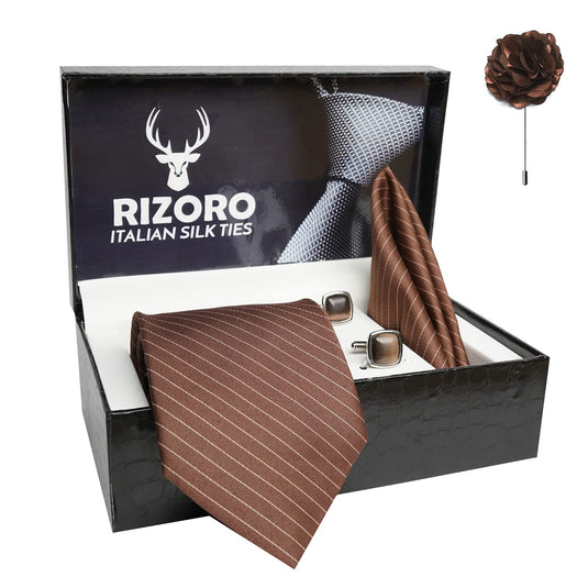 RIZORO Mens Plaid Stripped Silk Necktie Gift Set With Pocket Square Cufflinks & Brooch Pin Formal Tie With Leatherite Box (S1RX Free Size) | (Leather Gift Box) (Pack of 4)