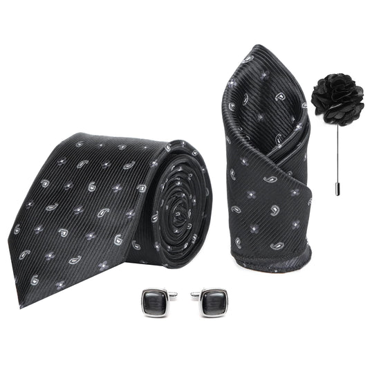 Axlon Men's Paisley Micro Wooven Silk Necktie Gift Set With Pocket Square Cufflinks & Brooch Pin Tie for Men Formal Tie Set with Box (Pack of 4) (AX11_3, Black)