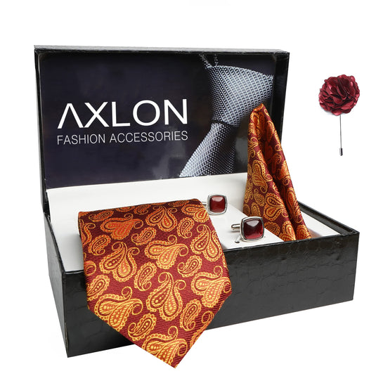 AXLON Mens Plaid Pasiley Silk Necktie Gift Set With Pocket Square Cufflinks & Brooch Pin Tie For Men Formal With Leatherite Box (AMBI1RX Free Size) | (Leather Gift Box) (Pack of 4)