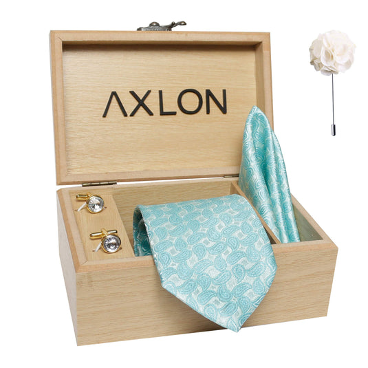 Axlon Men's Micro Polyester Necktie Set with Pocket Square, Brooch Pin and Cufflinks (Sky Blue, Free Size)