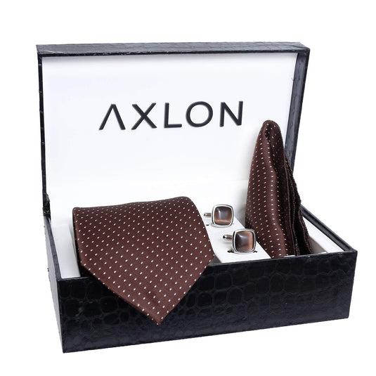 Axlon Men Formal/Casual Weaved Polyester Neck Tie Pocket Square Accessory Gift Set with Cufflinks and Brooch Pin - Brown (Free Size, ltr_825)