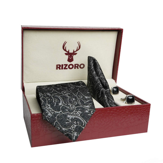 RIZORO Mens Plaid Pasiley Silk Necktie Tie Gift Set With Pocket Square, Cufflinks & Brooch Pin Formal Tie With Leatherite Box (PARRB, Free Size)