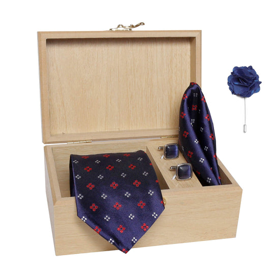 AXLON Men's Micro Polyester Necktie Set with Pocket Square, Brooch Pin and Cufflinks in Wooden Box (Free Size)