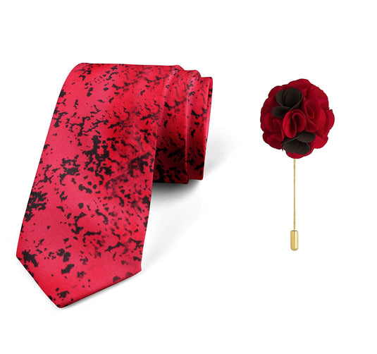 AXLON Men's Micro Polyester Floral Necktie Set with Pocket Square and Brooch Pin (Red ,Free Size)