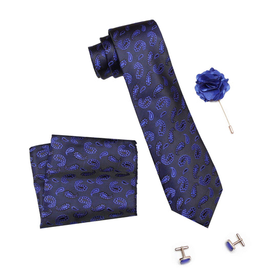 Axlon Formal/Casual Printed Polyester Necktie Set with Pocket Square, Brooch Pin and Cufflinks for Men (Free Size, Blue)