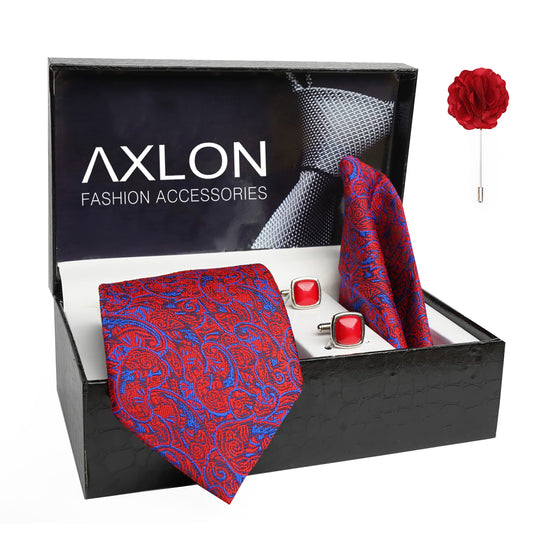 AXLON Mens Plaid Pasiley Silk Necktie Gift Set With Pocket Square Cufflinks & Brooch Pin Tie For Men Formal With Leatherite Box (PARRX Free Size) | (Leather Gift Box) (Pack of 4)