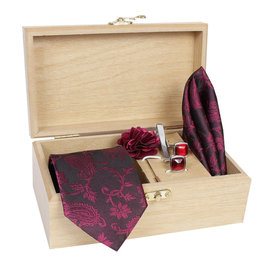 AXLONMen's Micro Polyester Casual Formal Printed Necktie Set with Pocket Square, Brooch Pin and Cufflinks in Wooden Box (Free Size)